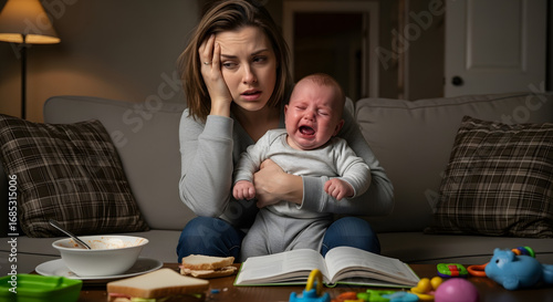 An overwhelmed young mother holds her crying baby late at night, looking exhausted and stressed in a dim living room.