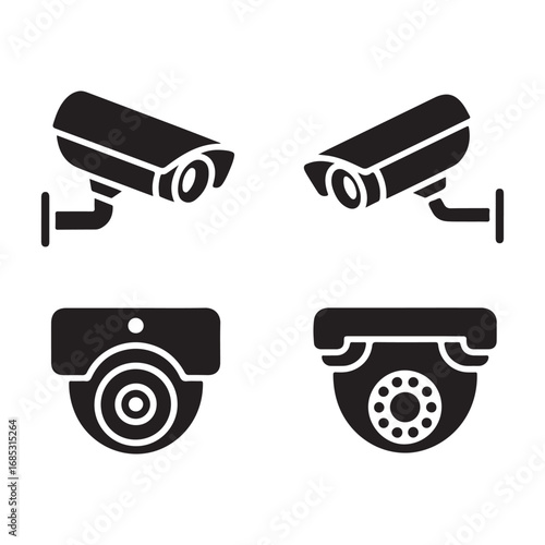 Four distinct black security camera icons showing surveillance technology and safety systems vector