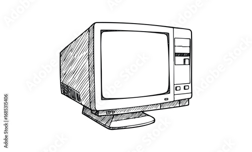 Vintage crt computer monitor sketch with disk drive detail. Vector retro hand drawn illustration