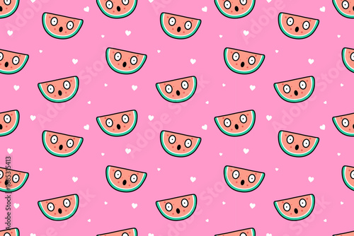 Cute seamless pattern, appetizing watermelon and round, surprised eyes on  pink background. Bright, fresh, summery mood. Flat design. For backgrounds, wallpapers, textiles, packaging or websites.