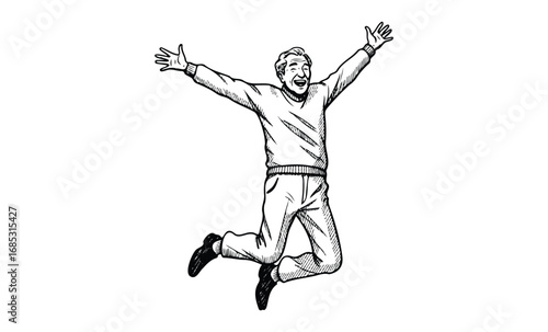 Elderly caucasian male joyfully jumping with arms raised in happiness. Vector retro hand drawn illustration