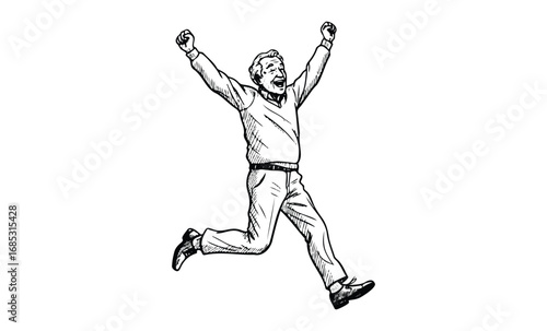 Joyful elderly caucasian male jumping with arms raised in excitement sketch. Vector retro hand drawn illustration