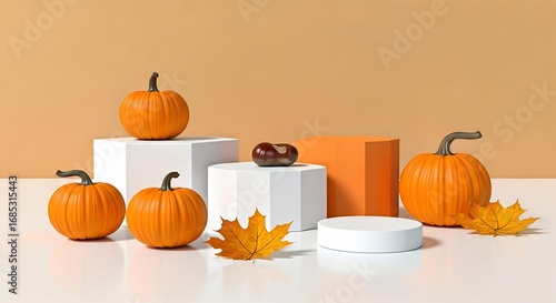 Autumnal Pumpkin Display with Geometric Shapes and Fall Foliage.