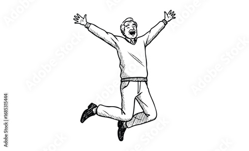 Joyful caucasian mature male jumping with excitement in black and white sketch. Vector retro hand drawn illustration