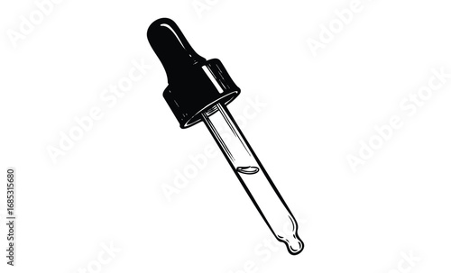 Black and white illustration of a dropper with liquid in minimalist style. Vector retro hand drawn illustration
