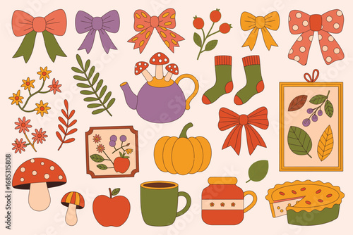 Coquette Aesthetic Autumn Elements Collection Featuring Seasonal Bows, Pumpkins, Mushrooms, and Fall Foliage – Charming Decorative Set for Seasonal Crafts, Stationery, and Design Projects