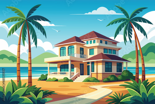A vibrant and colorful illustration of a luxurious beachfront villa nestled amongst lush tropical foliage and a serene ocean backdrop.