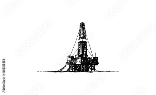 Black and white offshore oil rig illustration with minimalist design. Vector retro hand drawn illustration