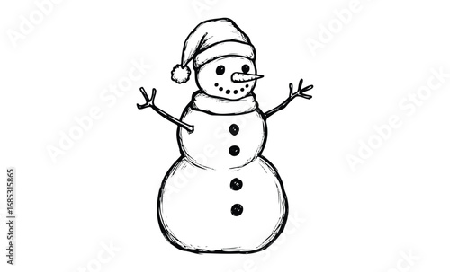 Sketch of a cheerful snowman with hat and scarf in black and white. Vector retro hand drawn illustration