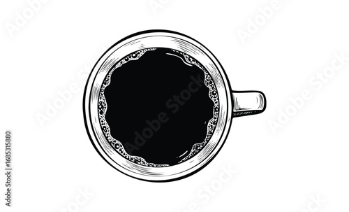 Monochrome top view of a coffee mug with black liquid. Vector retro hand drawn illustration