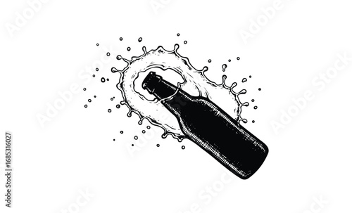 Vintage beer bottle splash illustration. Vector retro hand drawn illustration