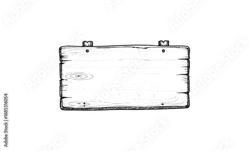 Blank wooden signboard with rustic planks and hanging pegs. Vector retro hand drawn illustration
