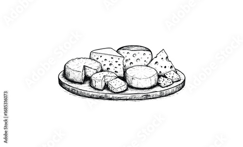 Assorted cheeses on wooden platter sketch art of diverse cheese varieties. Vector retro hand drawn illustration