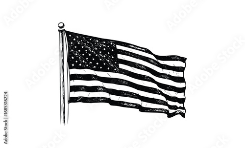 Black and white illustration of a waving american flag on flagpole. Vector retro hand drawn illustration