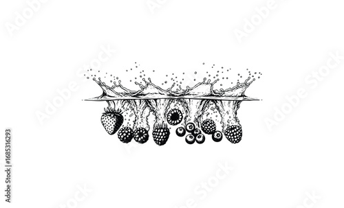 Black-and-white illustration of fruits splashing into water. Vector retro hand drawn illustration
