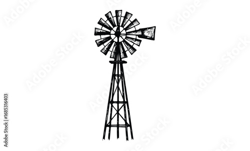 Black and white windmill drawing with detailed rotating blades. Vector retro hand drawn illustration