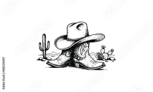 Western cowboy boots and hat with desert cactus illustration. Vector retro hand drawn illustration