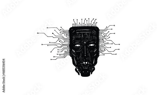 Digital cybernetic face with circuit connections abstract design. Vector retro hand drawn illustration