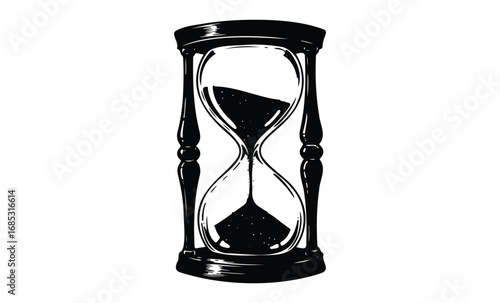 Monochrome vintage hourglass illustration depicting time passage. Vector retro hand drawn illustration