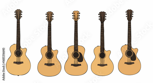 Collection of five illustrative acoustic guitars in a line, featuring various shapes for musical themes.