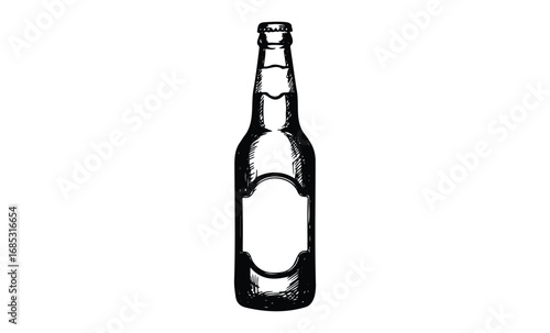 Hand-drawn beer bottle design with blank label for custom use. Vector retro hand drawn illustration