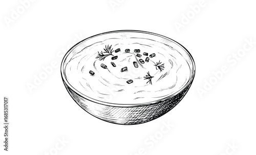 Hand-drawn illustration of greek tzatziki sauce in a bowl with dill and cucumber. Vector retro hand drawn illustration