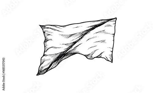Hand-drawn illustration of a tattered black and white flag waving in the wind. Vector retro hand drawn illustration