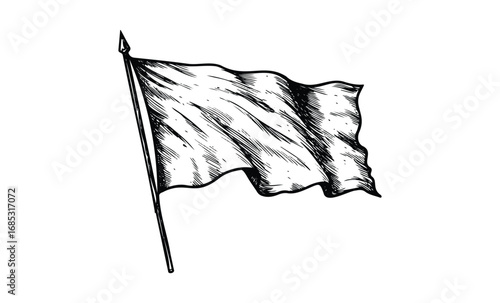 Black and white sketch of a waving flag on a pole. Vector retro hand drawn illustration