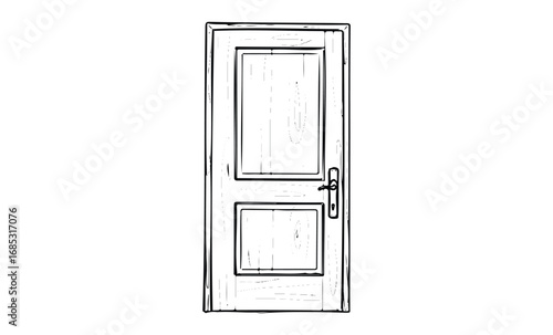 Hand-drawn wooden door with panels and handle in black and white illustration. Vector retro hand drawn illustration