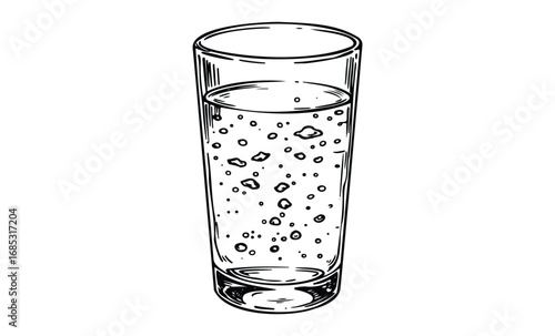 Hand-drawn illustration of a glass of sparkling water with effervescent bubbles. Vector retro hand drawn illustration