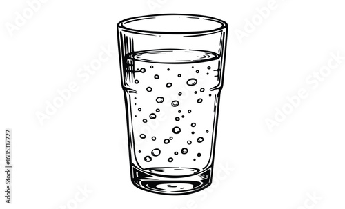 Monochrome illustration of sparkling water in a glass with bubbles. Vector retro hand drawn illustration