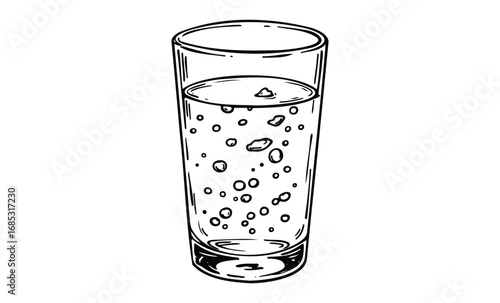 Hand-drawn glass of sparkling water with effervescent bubbles. Vector retro hand drawn illustration