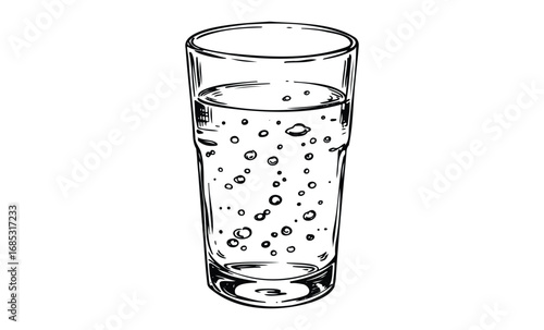 Illustration of a glass of sparkling water with bubbles. Vector retro hand drawn illustration