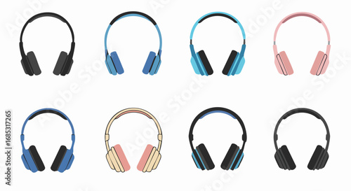 Colorful over-ear headphones illustration set in flat design on white background, featuring various modern audio accessories for music and communication.