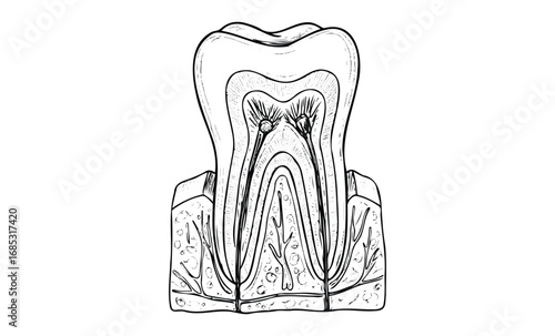Detailed cross-section illustration of a human tooth structure. Vector retro hand drawn illustration