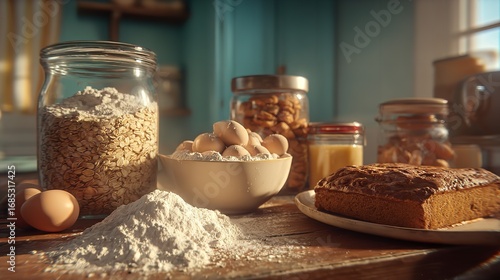 Baking Ingredients: Flour, Oats, Nuts, & Cake - Rustic Kitchen Scene
