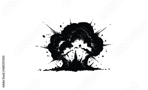 Black ink explosion artwork with energetic splatter and dynamic lines. Vector retro hand drawn illustration