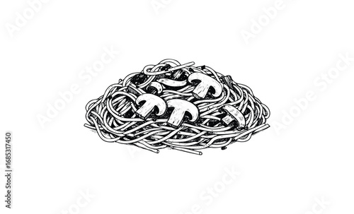 Illustration of a bountiful mushroom pasta dish with rich details. Vector retro hand drawn illustration