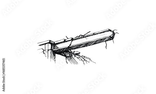 Black and white sketch of a cracked concrete beam with rebar exposed. Vector retro hand drawn illustration