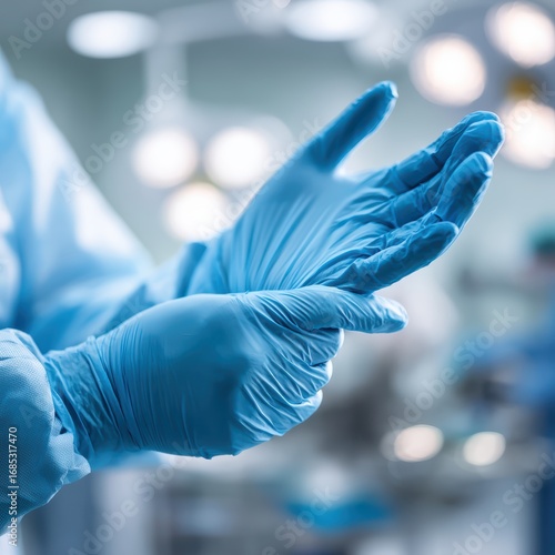 Doctor's gloved hand holding a syringe in a medical laboratory