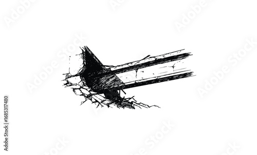 Sledgehammer breaking through brick wall illustration. Vector retro hand drawn illustration