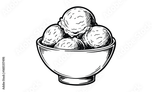Hand-drawn ice cream bowl with four scoops in black and white. Vector retro hand drawn illustration