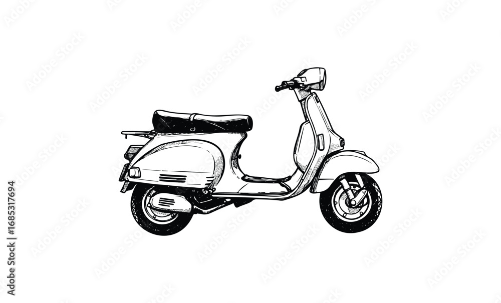 Fototapeta premium Vintage scooter illustration: classic retro design in black and white. Vector retro hand drawn illustration