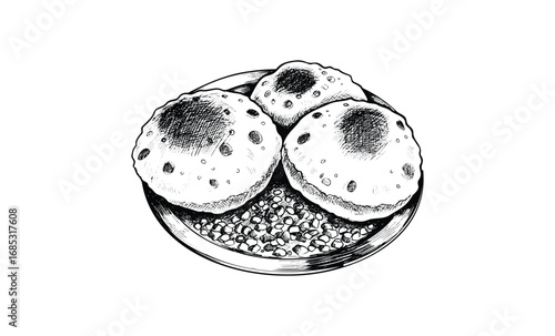 Hand-drawn sketch of traditional bread and lentils on a plate. Vector retro hand drawn illustration