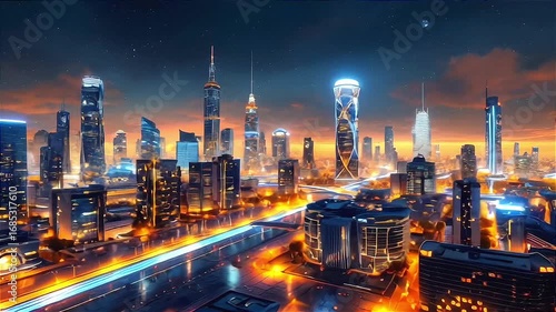 Stunning futuristic cityscape at night with vibrant glowing lights and starry sky, inspiring progress and innovation, ai generated, 4k hd video clip