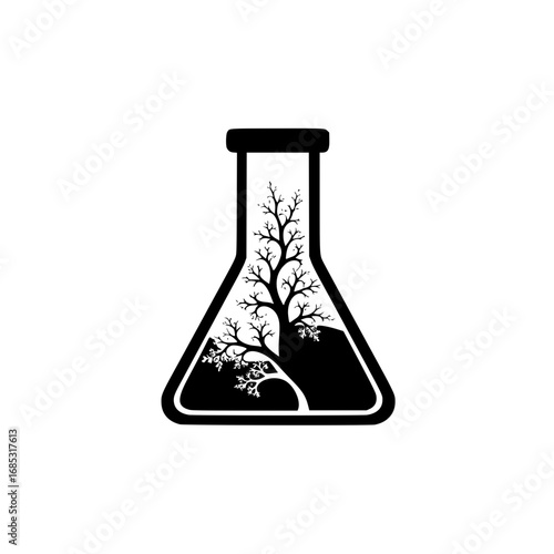 Black Silhouette Logo of a Tree Inside a Laboratory Flask for Science, Education, and Growth