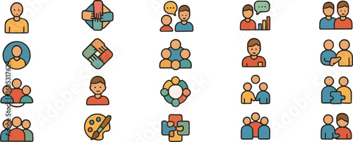 Diverse set of flat icons depicting human connections, group work, and social interaction.
