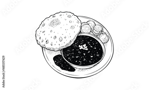 Black and white illustration of indian dish with bowl of curry, bread, and onions. Vector retro hand drawn illustration