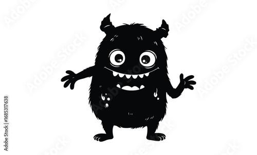 Cheerful black silhouette of a cartoon monster with horns and big eyes. Vector retro hand drawn illustration