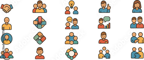 Modern flat icons for collaboration, social interaction, and business concepts.